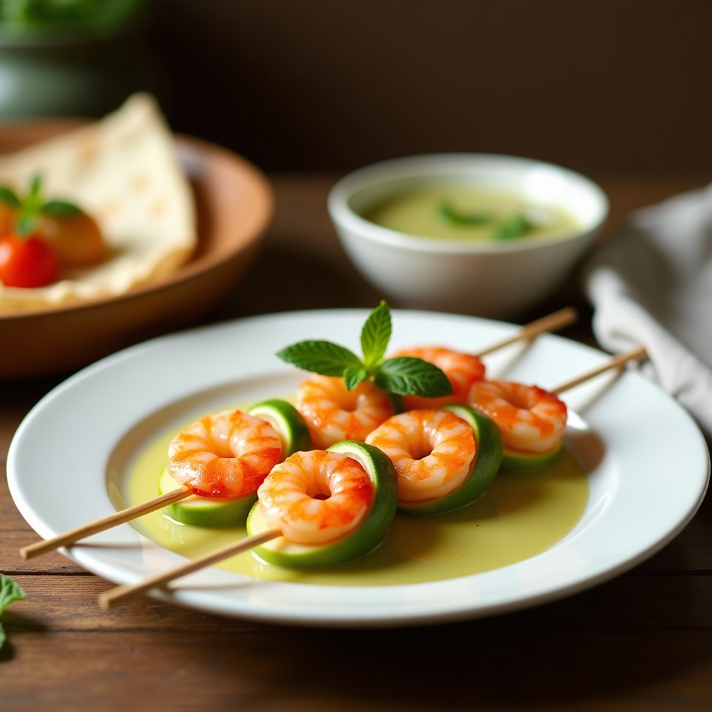 Brochetas de langostinos rosados y cubos de melón dorados en palillos de madera, servidas en plato blanco con salsa cremosa de menta y lima, decoradas con hojas verdes y rodaja de lima, estilo souvlaki griego.