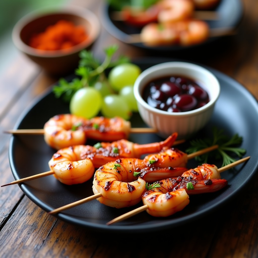 Brochetas de langostinos rosados y uvas blancas jugosas dispuestas en círculo sobre plato de cerámica negra, acompañadas de salsa de ajo negro espesa en cuenco pequeño. Fondos desenfocados con hierbas frescas y gotas de limón.