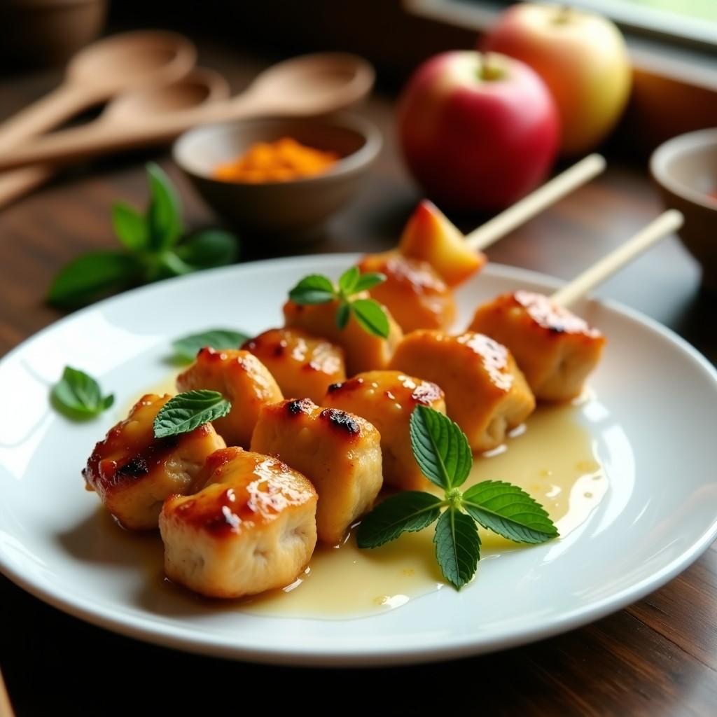 Brochetas doradas de pollo y manzana verde asadas en airfryer, glaseadas con miel y espolvoreadas con semillas de sésamo y menta fresca, sobre fondo rústico de madera con especias árabes al lado.