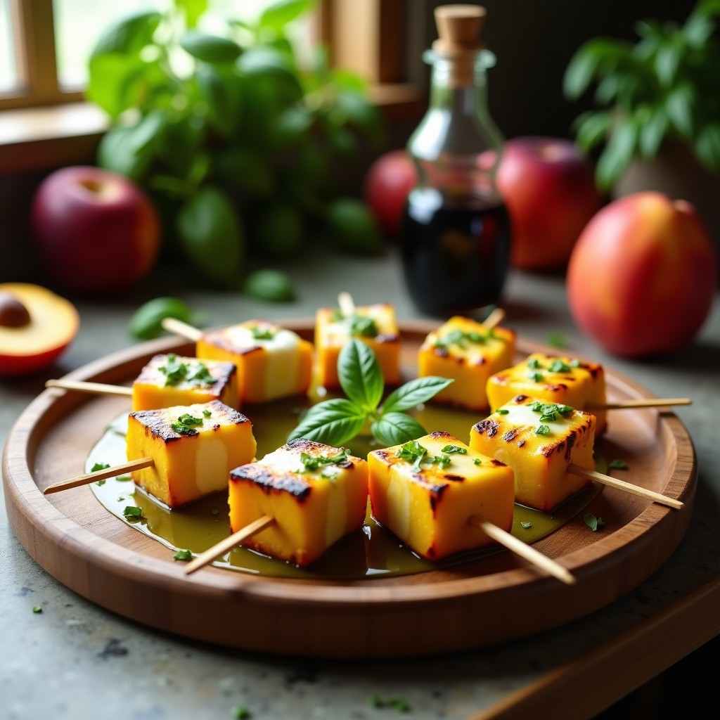 Brochetas de melocotón y mozzarella fresca asadas a la parrilla, con marcas doradas, dispuestas en una bandeja de madera rústica. La mozzarella burbujeante contrasta con los gajos de melocotón caramelizados, bañados en una vinagreta brillante de albahaca. Al fondo, hojas frescas de albahaca y un hilo de miel decoran el plato, ideal para BBQ italiana.