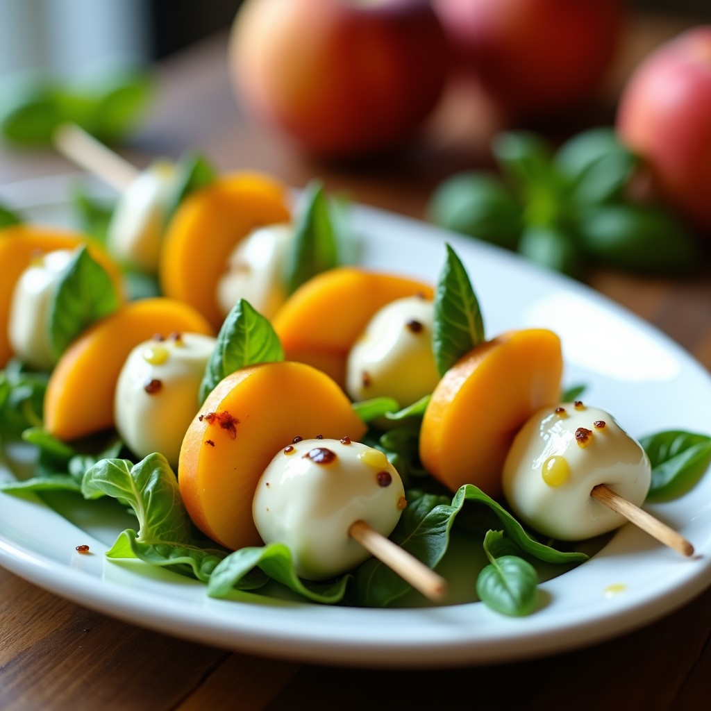 Brochetas de melocotón amarillo y mozzarella vegana blanca en palillos de madera, dispuestas sobre una cama de rúcula baby, con vinagreta de albahaca verde brillante y hojas frescas de albahaca como decoración. Plato fresco y colorido, ideal como aperitivo italiano sin lácteos.
