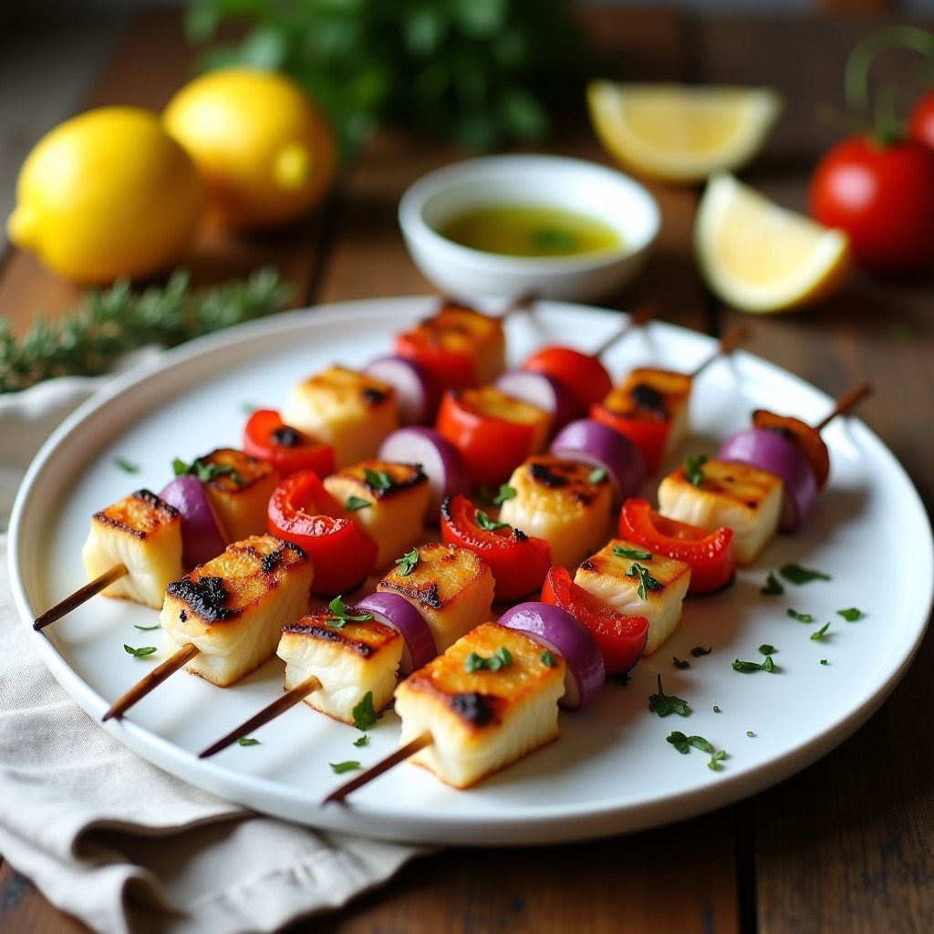 Brochetas de merluza marinada en cítricos y hierbas provenzales, doradas y jugosas, servidas en un plato blanco con rodajas de limón y hierbas frescas. Receta en airfryer baja en calorías.