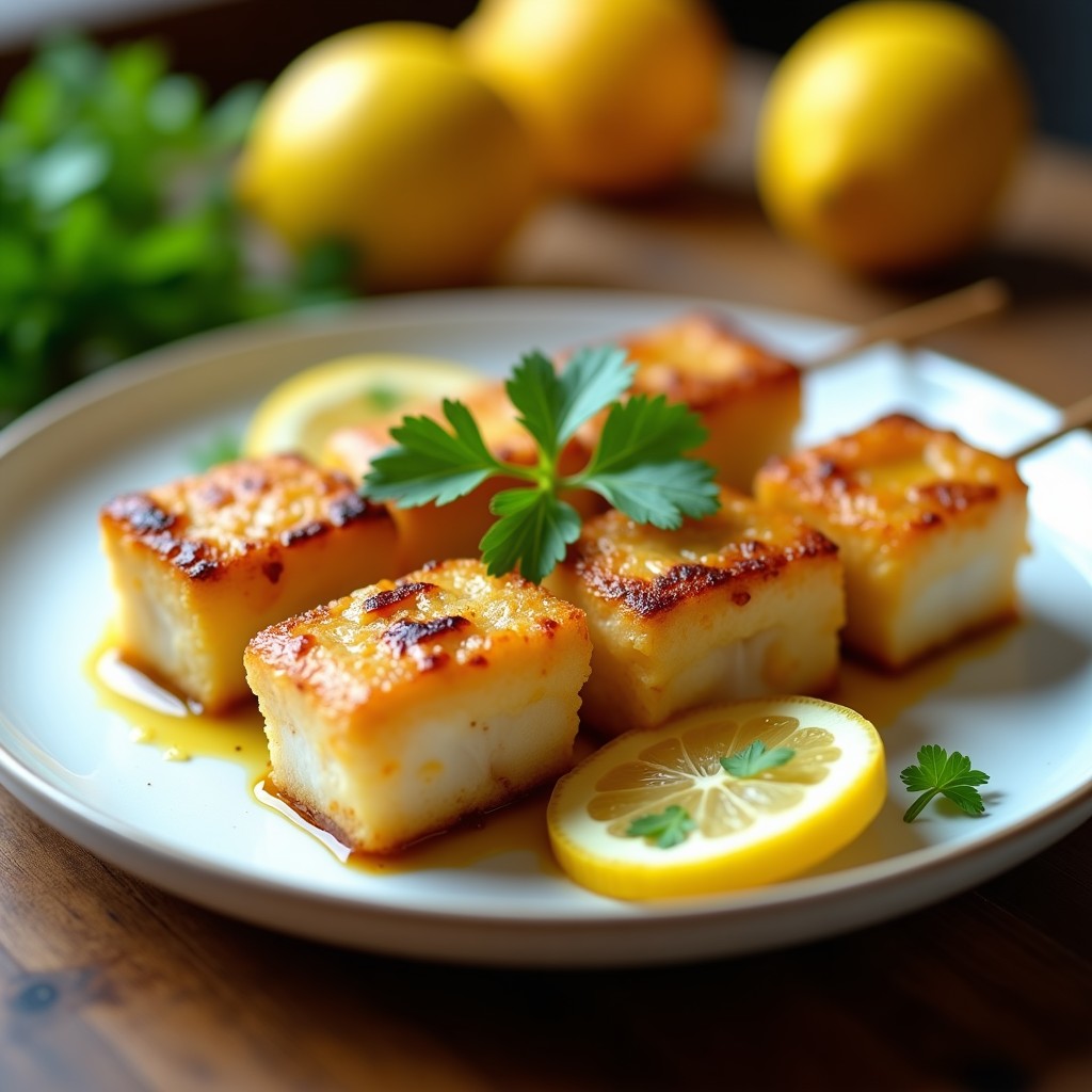 Brochetas de merluza y limón confitado doradas en airfryer, servidas en plato blanco con decoración de cilantro fresco y rodajas de limón.
