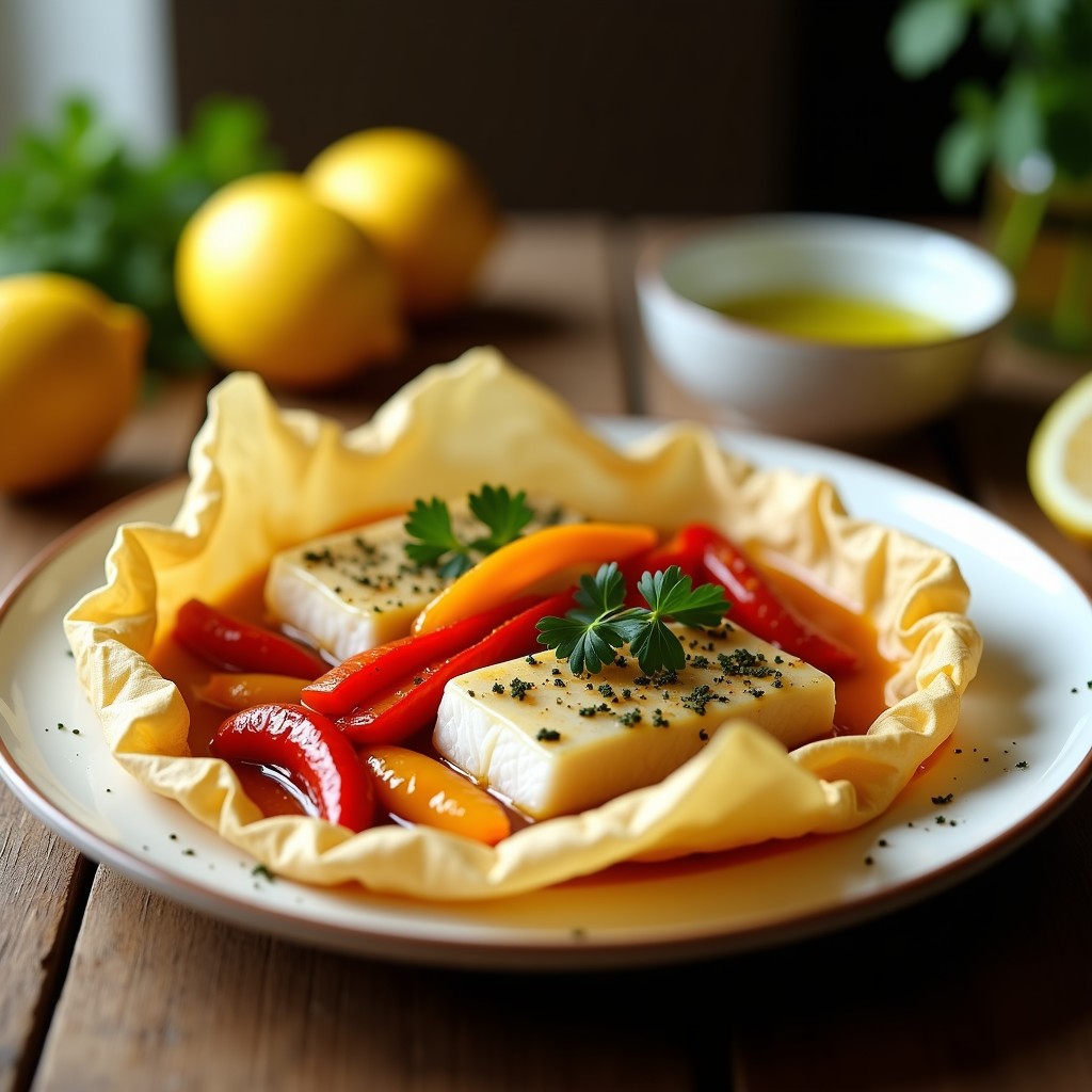 Brochetas de merluza y pimientos asados en papillote abiertas sobre papel de horno, mostrando trozos jugosos de pescado blanco y tiras de pimientos rojos y amarillos brillantes, con perejil fresco espolvoreado y jugos aromáticos.