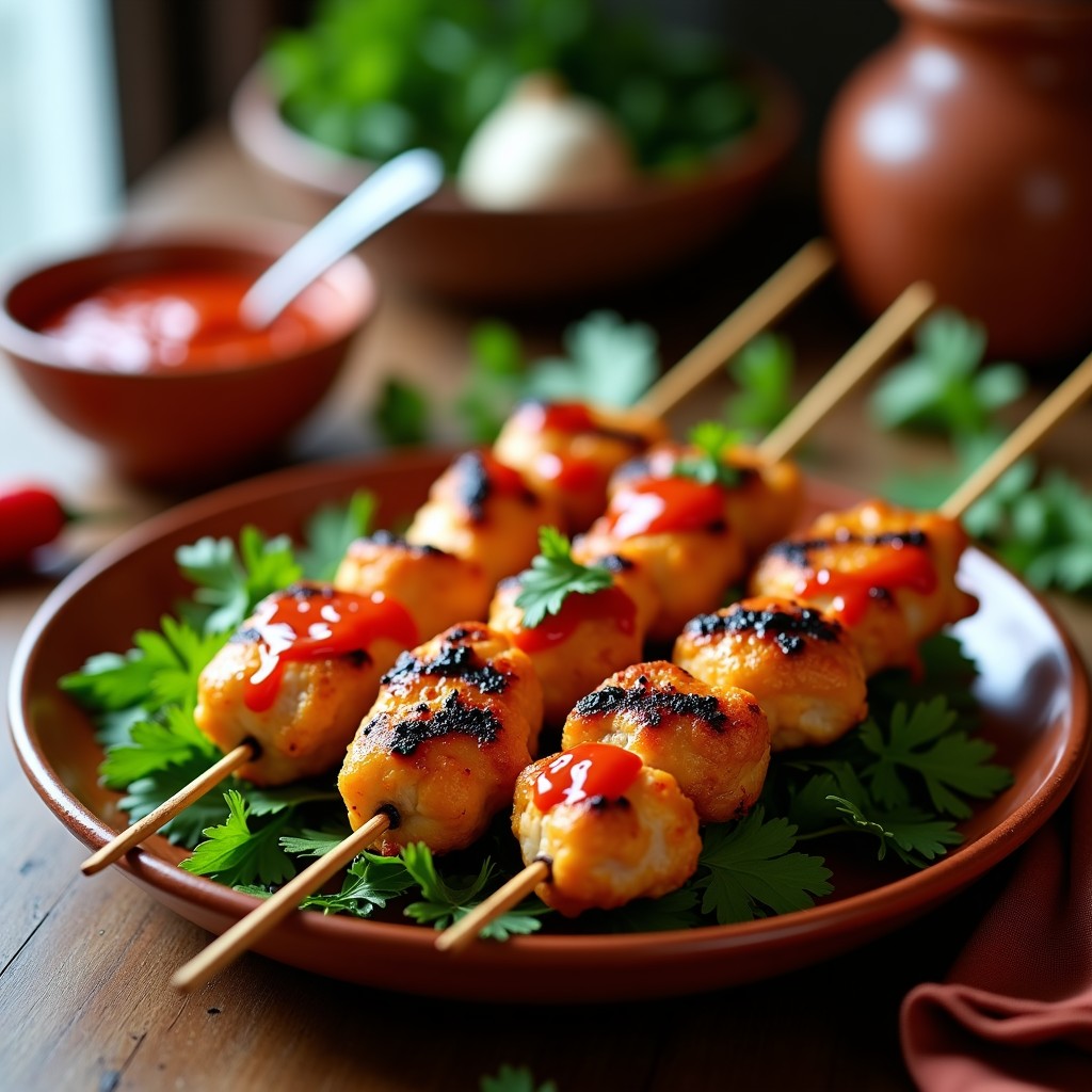 Brochetas de pollo dorado asado en palillos de madera, bañadas en mojo picón rojo, servidas en plato de barro con perejil fresco espolvoreado, típico de la cocina canaria.