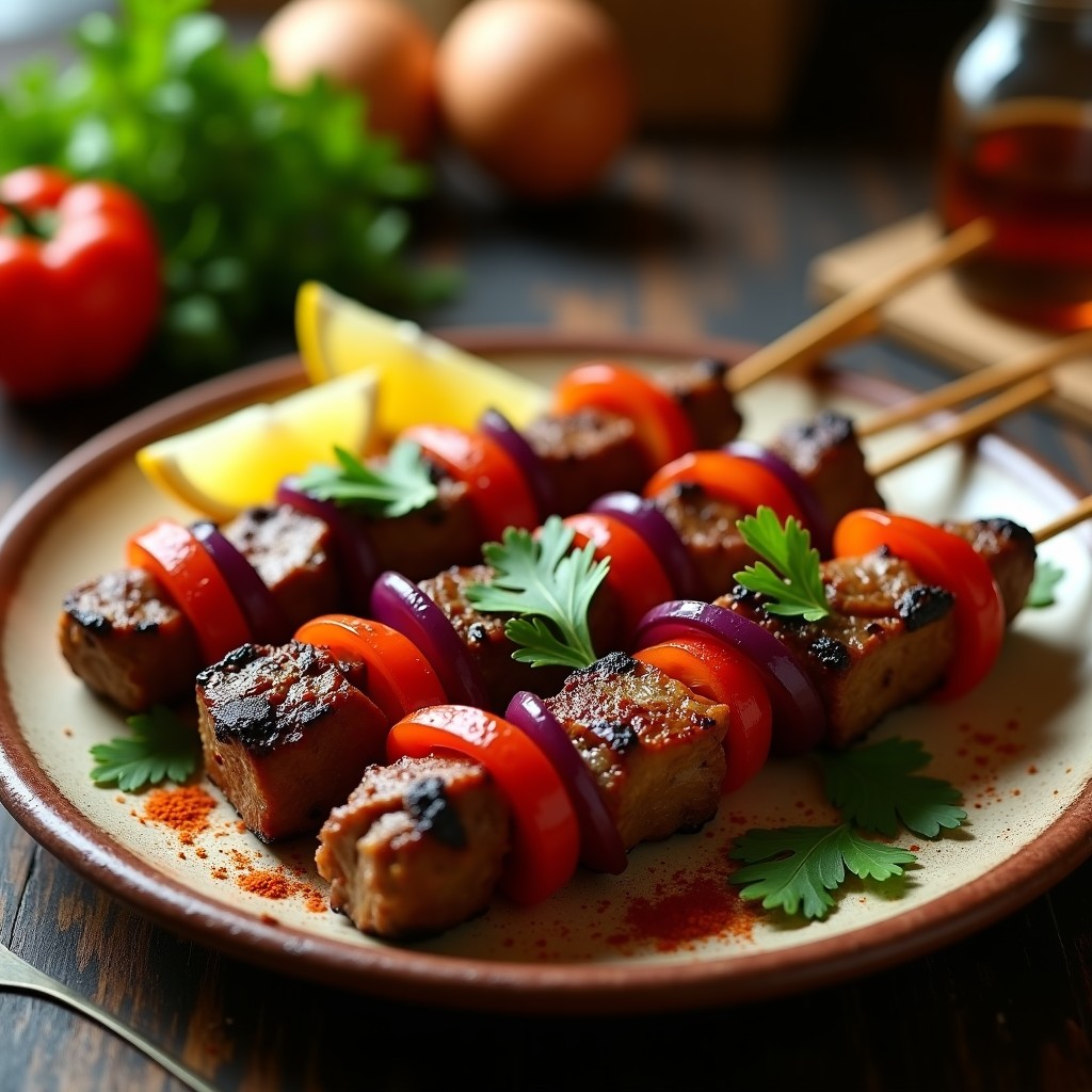 Brochetas morunas de cordero doradas en airfryer, con trozos de cebolla morada y pimiento rojo, especiadas con comino y pimentón, servidas en plato de barro con cilantro fresco.