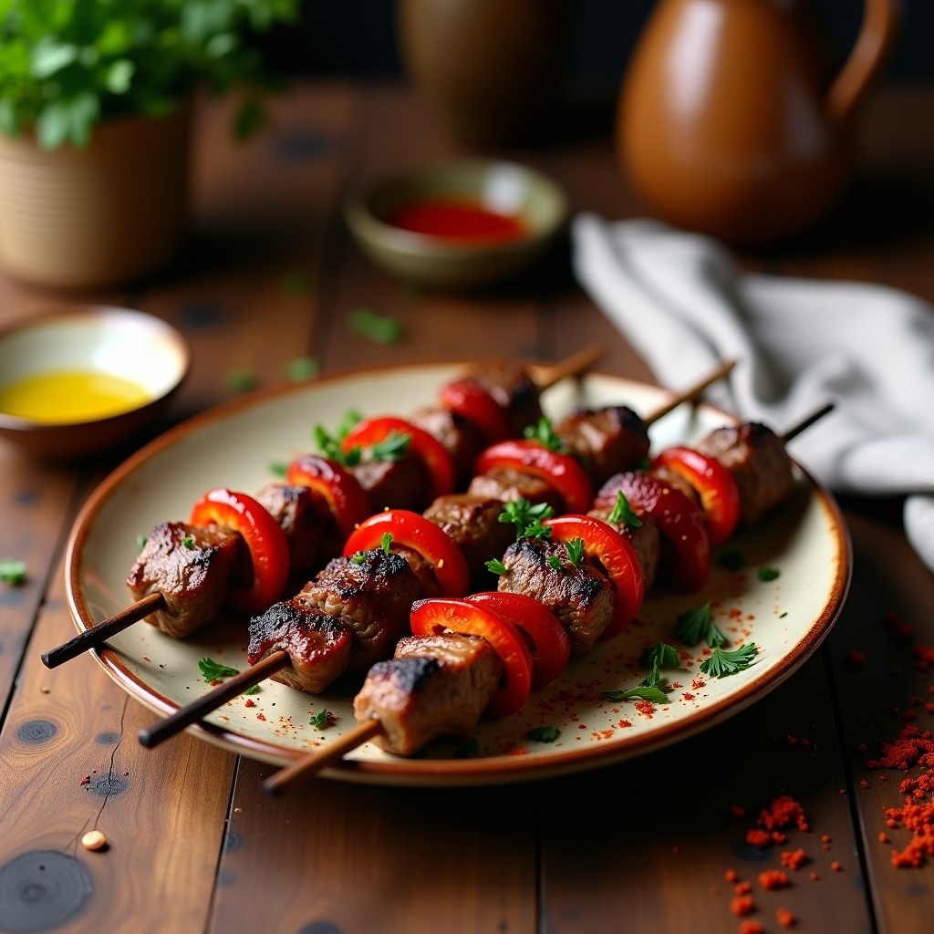Brochetas morunas de cordero al pimentón asadas, con trozos de cebolla morada y pimiento rojo, servidas en plato rústico de barro con perejil fresco espolvoreado.