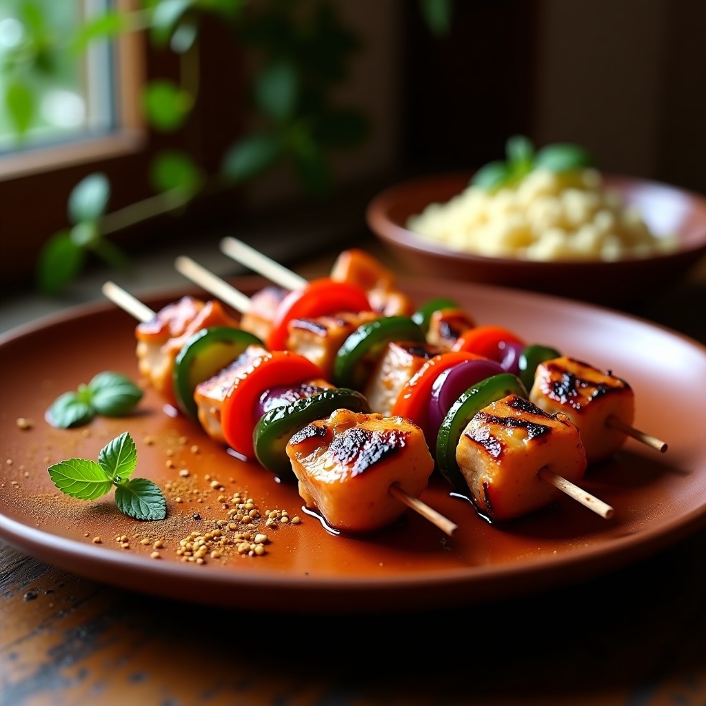 Brochetas morunas de pechuga de pavo asadas en airfryer, con trozos dorados de pavo, cebolla morada y pimientos rojo y verde, dispuestas en un plato de barro con especias al fondo.