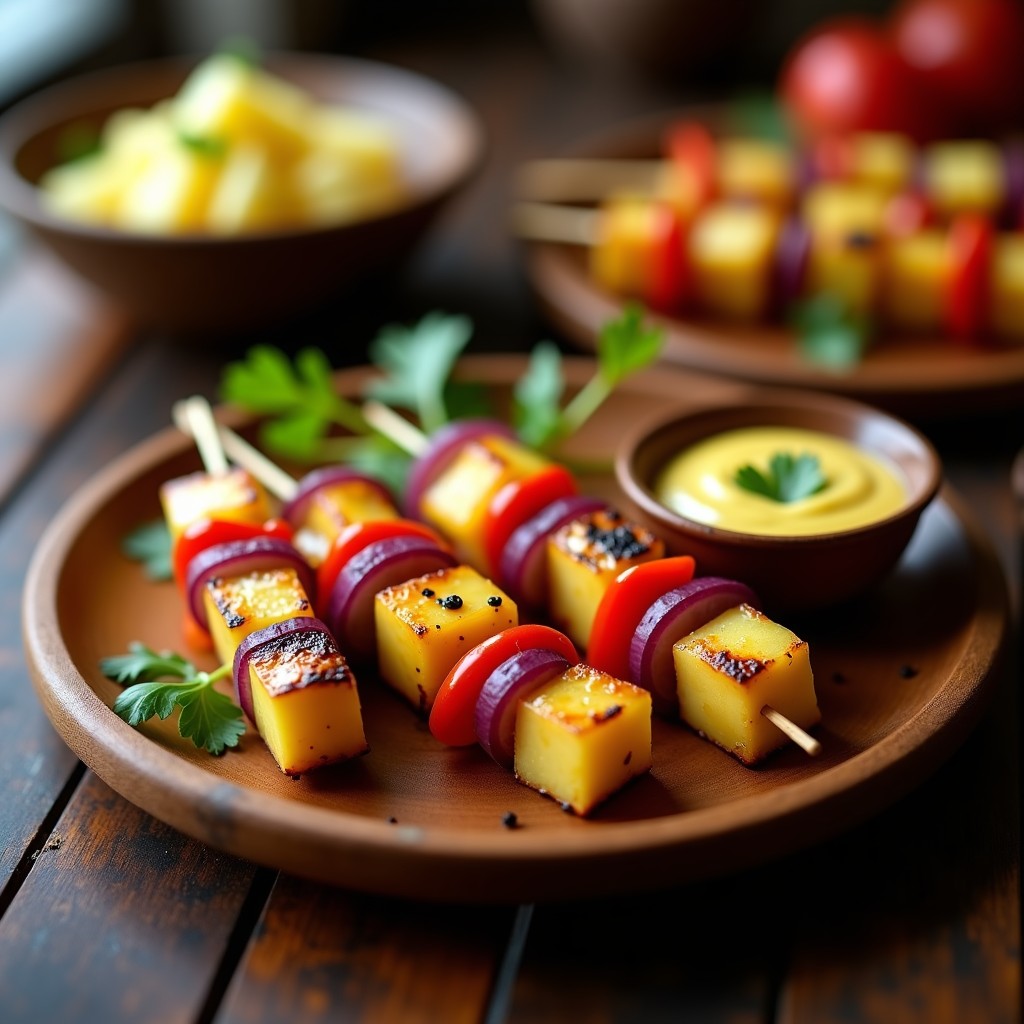 Brochetas doradas de corazón de palmito y piña asada en grill, con pimiento rojo y cebolla morada, servidas sobre un plato de madera con salsa de mostaza y miel y cilantro fresco espolvoreado.