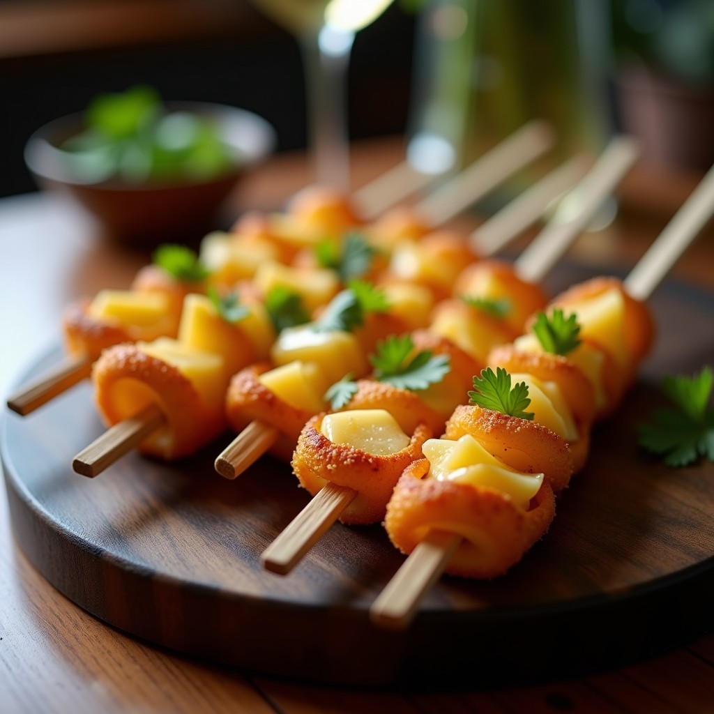 Brochetas doradas de corazón de palmito y queso manchego servidas en bandeja de madera oscura, con cilantro fresco espolvoreado y fondo borroso de cocina moderna. Receta de aperitivo brasilero en airfryer.