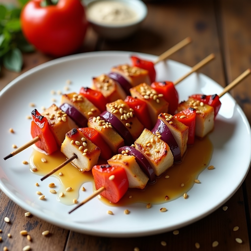 Brochetas de pavo doradas con trozos de pimiento rojo y cebolla morada, espolvoreadas con semillas de sésamo tostado, servidas en plato de cerámica blanca con fondo de madera rústica.