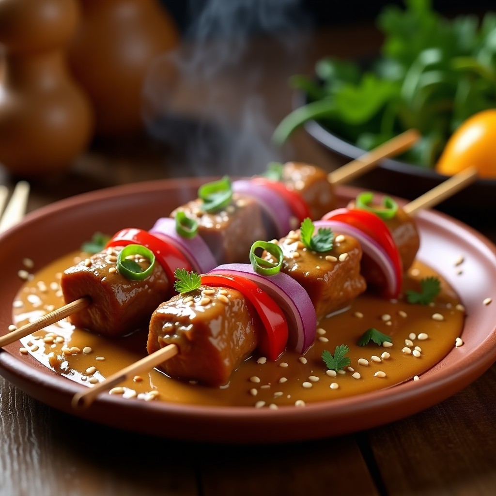 Brochetas de pernil de cordero marinadas en salsa satay malasia, servidas en plato de barro con salsa espesa de cacahuete y decoradas con semillas de sésamo. Fonfo borroso de cocina tradicional.