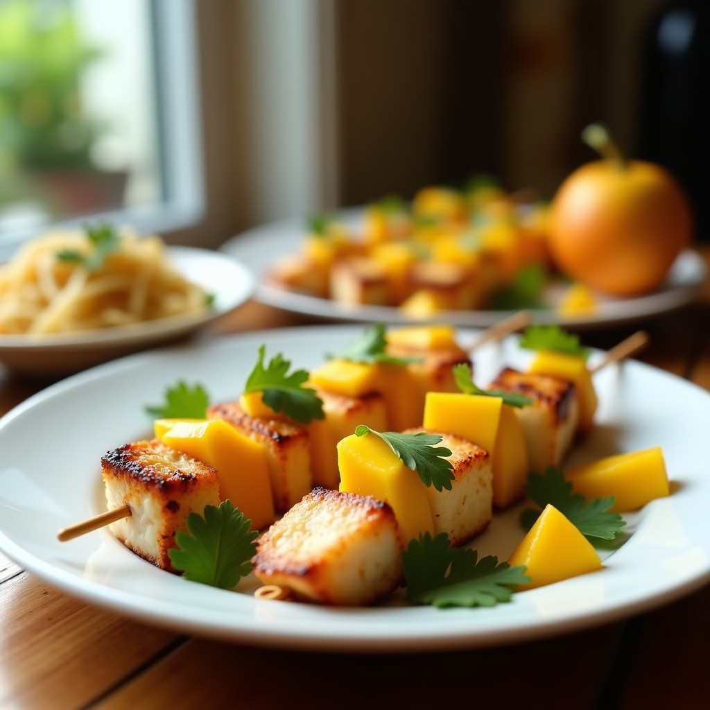 Brochetas de pescado blanco con trozos de mango dorado y hinojo, cocinadas en airfryer, servidas en un plato blanco con hojas de cilantro fresco. Receta tropical y saludable.