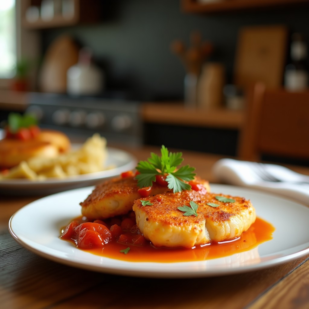 Brochetas de merluza doradas en airfryer con trozos de pimiento rojo y cebolla morada, bañadas en mojo picón rojo, servidas en plato blanco con rodaja de limón.