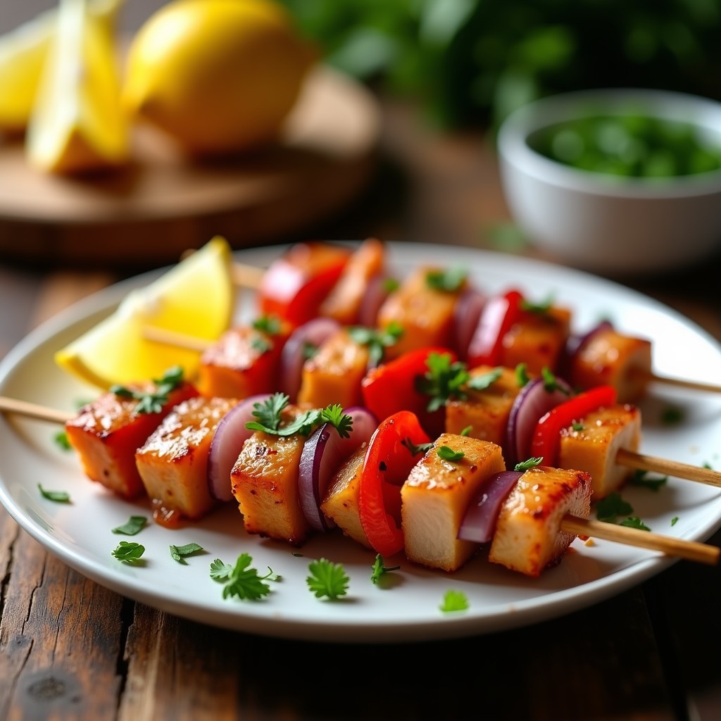 Brochetas doradas de atún rojo y peso albacora con trozos de pimiento rojo y cebolla morada, servidas sobre un plato blanco con perejil fresco y rodajas de limón, receta en airfryer crujiente.