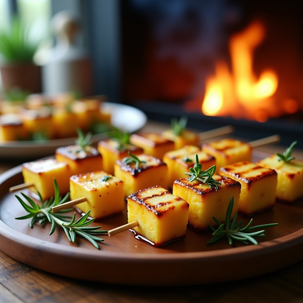 Brochetas doradas en grill con cubos de piña ahumada y queso halloumi, bañadas en miel de tomillo y decoradas con hojas de menta fresca, sobre un plato de madera rústico.