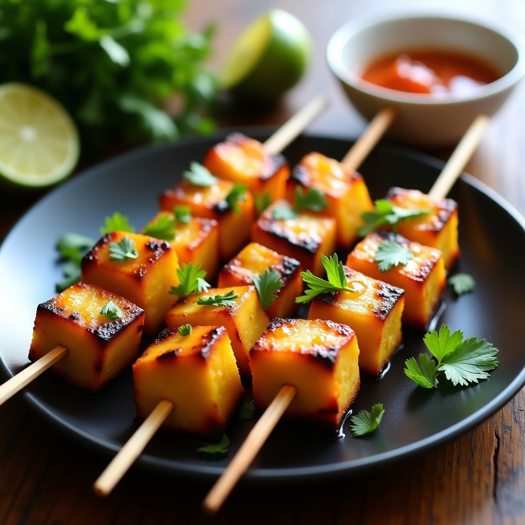 Brochetas veganas de piña ahumada y tofu dorado en palillos de madera, bañadas con salsa de tamarindo brillante, servidas sobre un plato negro con cilantro fresco y rodajas de limón al fondo.