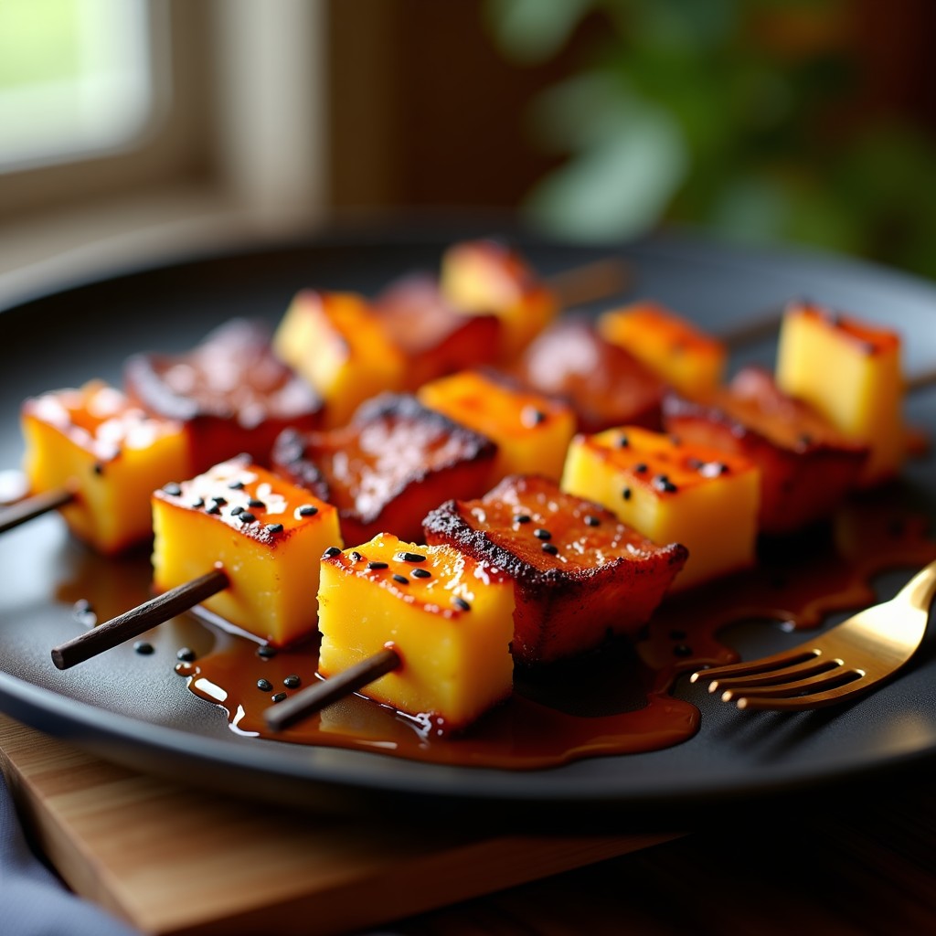 Brochetas de piña asada dorada y bacon vegano crujiente en palillos de madera, bañadas en un glaseado brillante de sriracha, decoradas con semillas de sésamo negro y servidas sobre una tabla de madera oscura con fondo borroso.