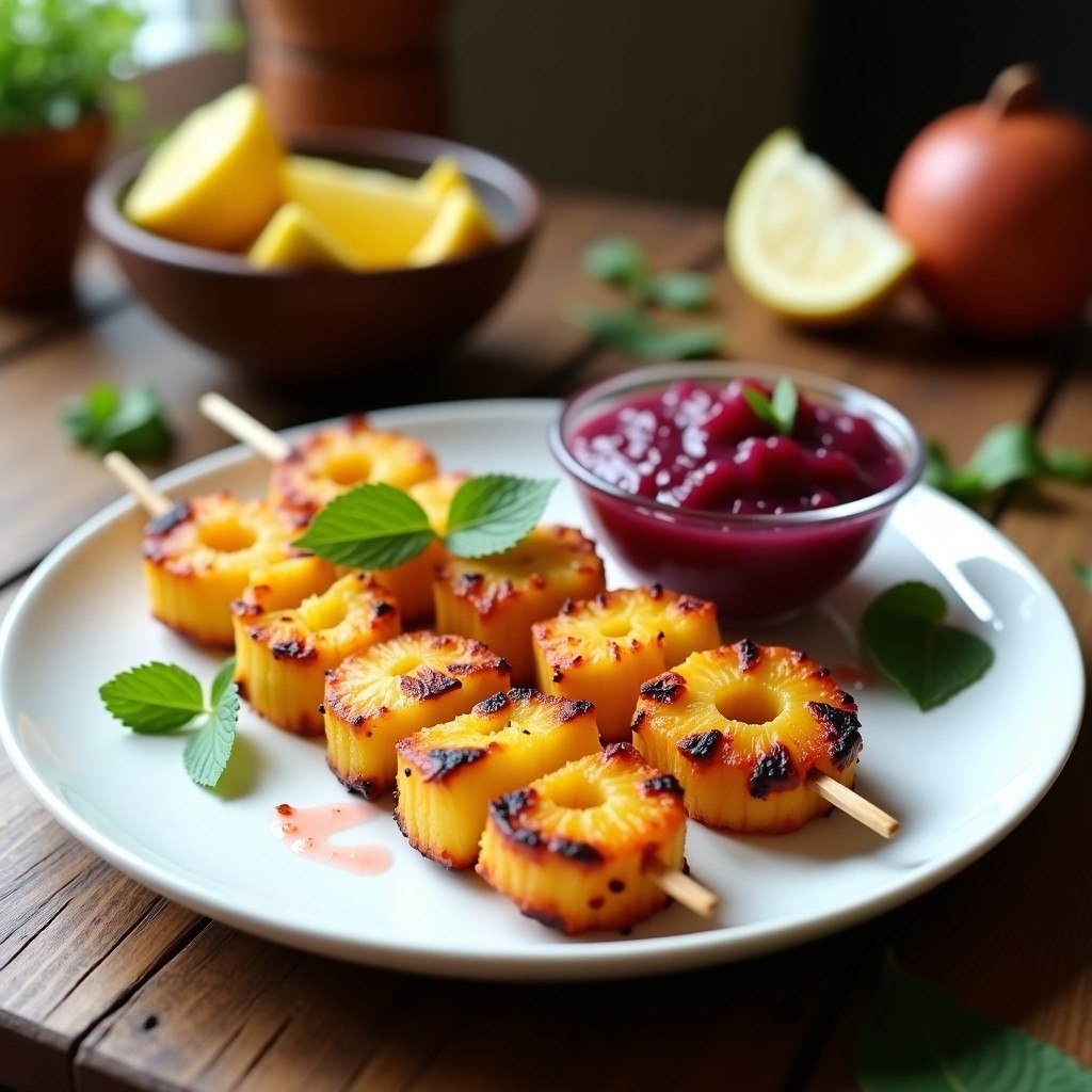 Brochetas de Piña Asada con Chutney de Cebolla Morada: Receta en Airfryer y Vegana