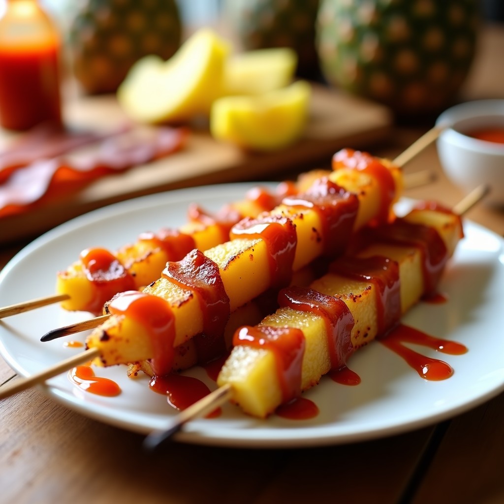 Brochetas doradas de piña caramelizada y bacon vegano en palillos de madera, servidas en plato blanco con salsa sriracha brillante y semillas de sésamo espolvoreadas, receta dulce-salada en airfryer.