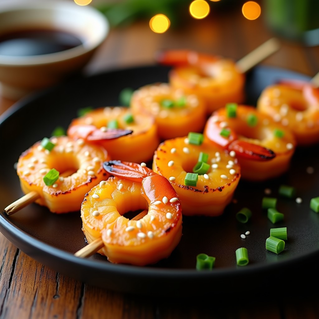 Brochetas de piña y camarón al miso en airfryer, con glaseado brillante y semillas de sésamo negro, servidas sobre un plato de cerámica blanca con fondo borroso de cocina japonesa.