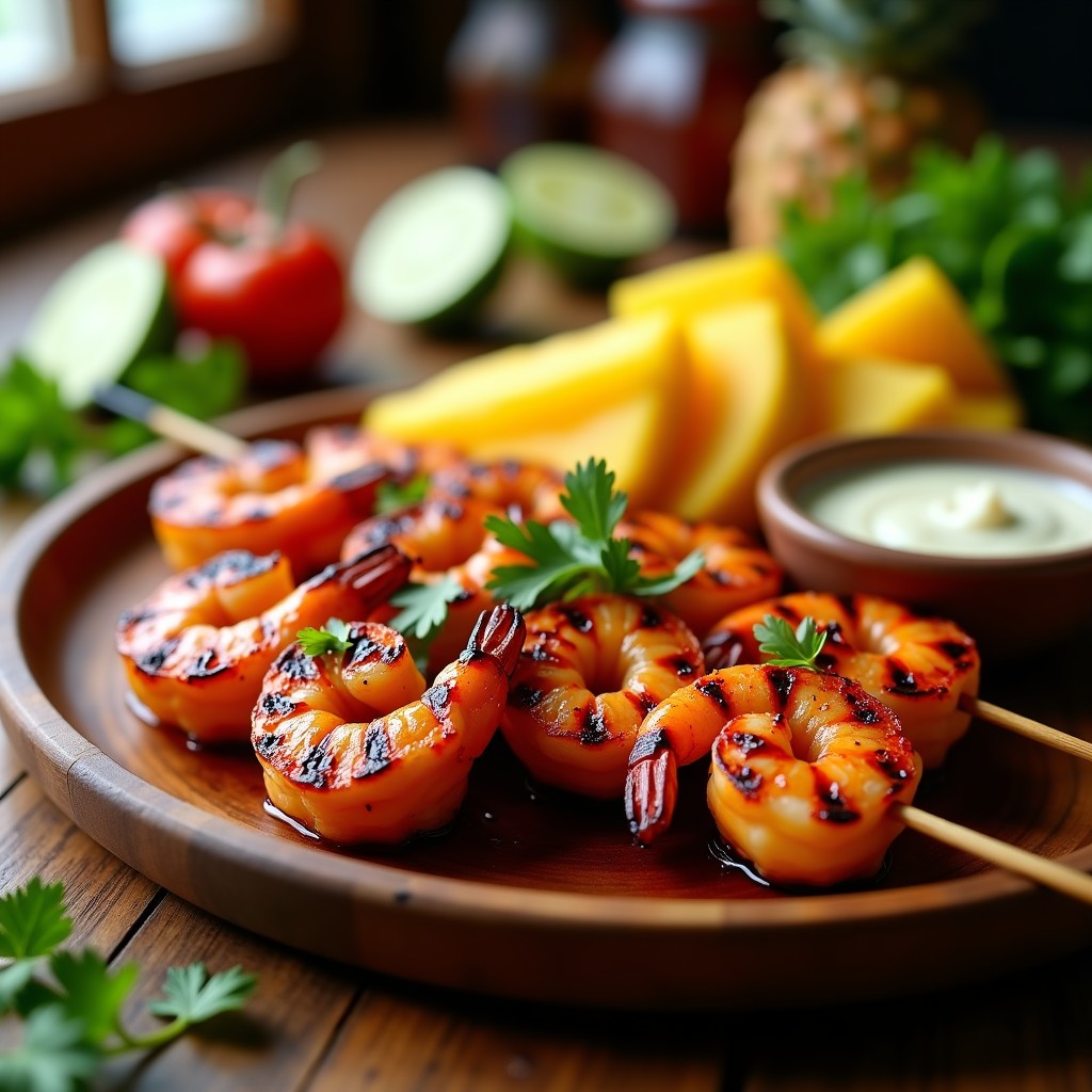 Brochetas doradas al grill con camarones brillantes y piña caramelizada, acompañadas de rodajas de limón y hojas de cilantro, sobre un plato de madera rústico.