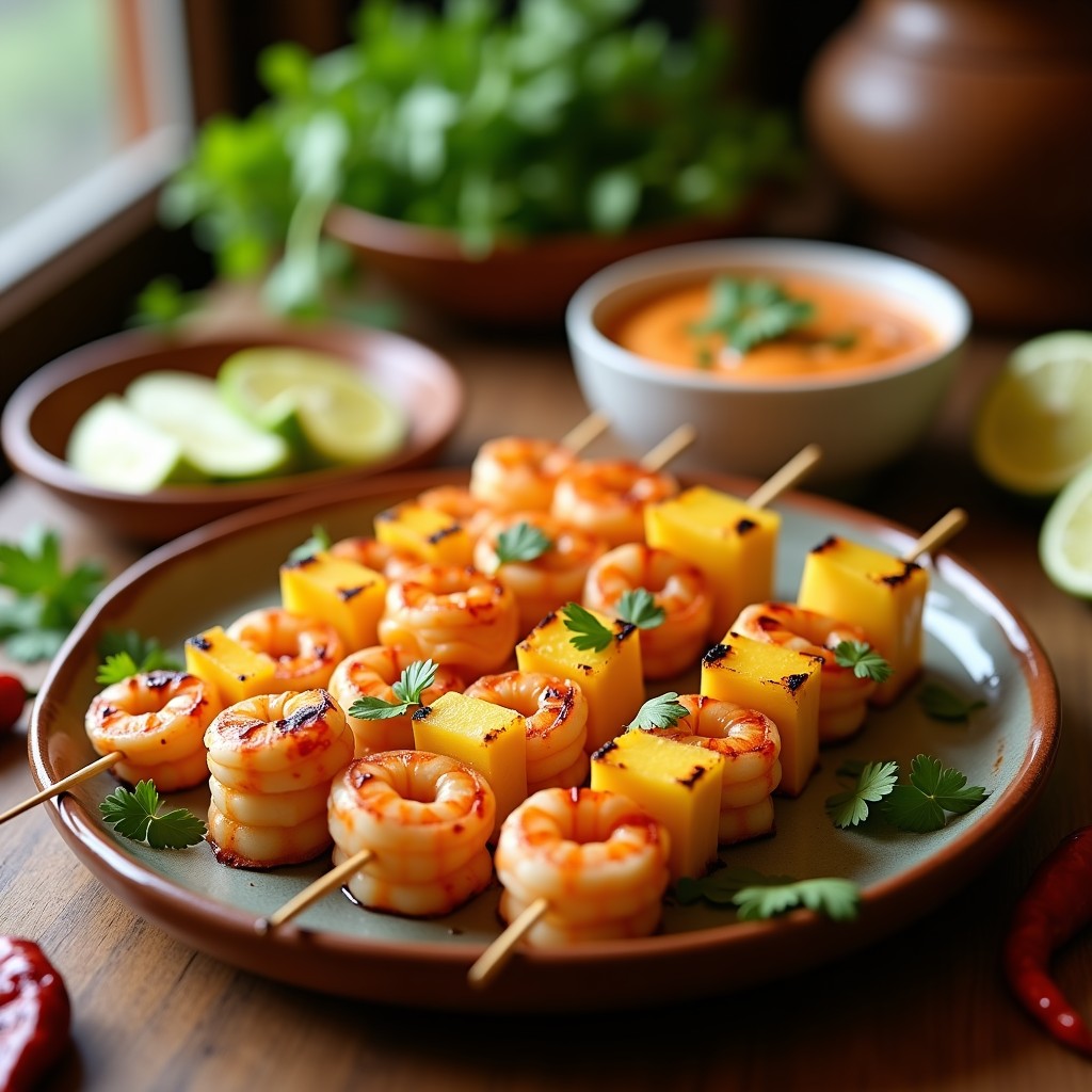 Brochetas de piña dorada y camarones jugosos asados a la parrilla, servidas en plato de barro con salsa cremosa de chile de árbol y decoradas con cilantro fresco y rodajas de lima, receta mexicana rápida.