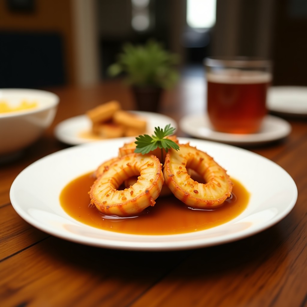 Brochetas de piña dorada y camarones caramelizados con glaseado de tamarindo brillante, servidas en plato de barro rústico con hojas de cilantro fresco y rodajas de limón verde al fondo, receta mexicana alta en proteína.