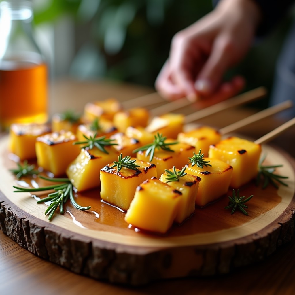 Brochetas doradas de piña caramelizada y queso camembert cremoso sobre una parrilla humeante, bañadas en miel de romero brillante y decoradas con ramitas de romero fresco. Postre gourmet rápido y sin horno.