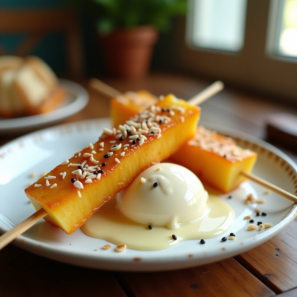 Brochetas de piña caramelizada dorada en palillos de madera, servidas sobre un plato de cerámica blanca con una bola de helado de vainilla cremoso, almendras fileteadas y una hoja de pandan como decoración. Postre filipino sin horno con fondo desenfocado de cocina tropical.