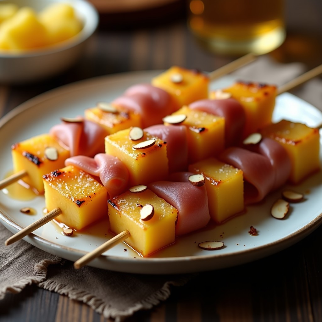 Brochetas de piña caramelizada dorada y jamón serrano en palillos de madera, servidas en un plato blanco con fondo de madera rústica. La piña brilla con un glaseado de miel y canela, mientras el jamón serrano muestra sus vetas características. Decoración con hojas de menta fresca.