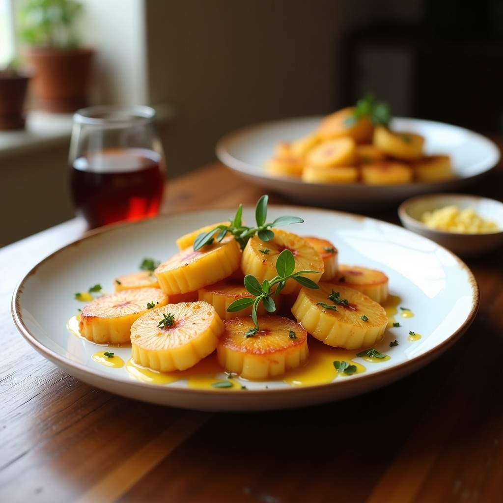 Brochetas de piña caramelizada y queso feta en airfryer, doradas y brillantes con miel de salvia, servidas en plato de cerámica blanca con semillas de sésamo y hojas de salvia fresca. Receta griega dulce-salada.