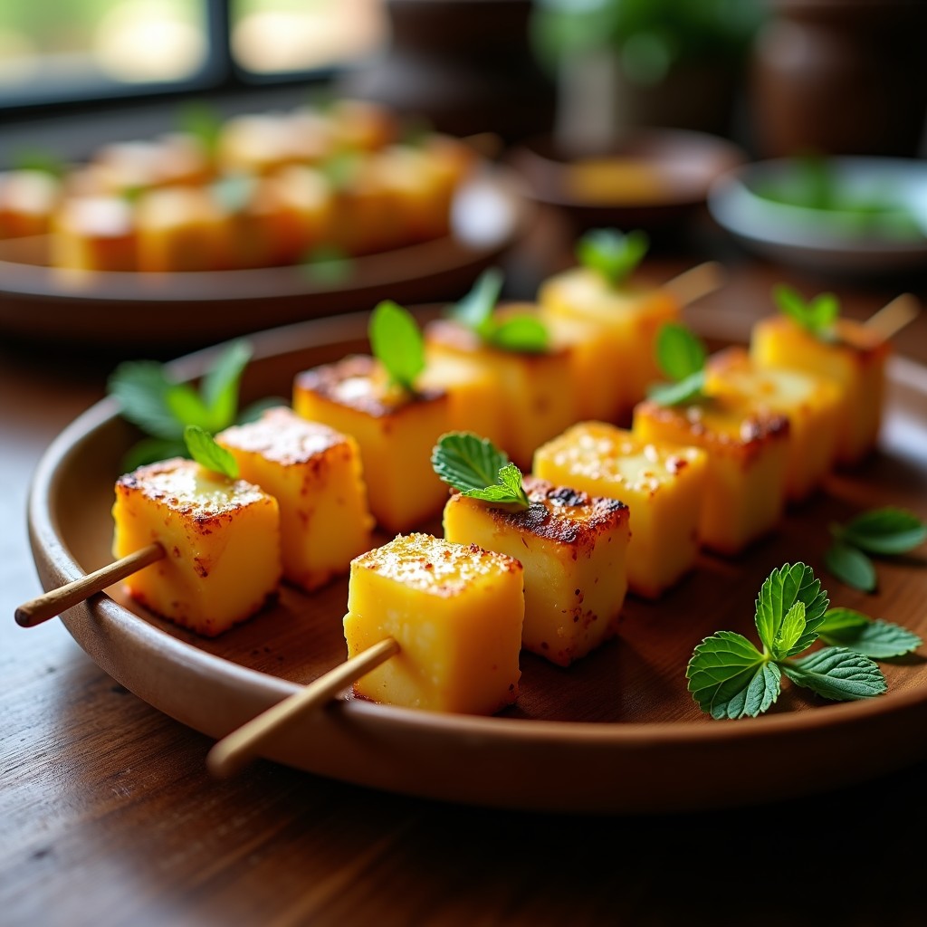 Brochetas de piña caramelizada dorada con especias y queso halloumi gratinado en grill, decoradas con hojas de menta fresca sobre un plato de madera rústico. Entrante dulce-salado con contraste de texturas y colores vibrantes.