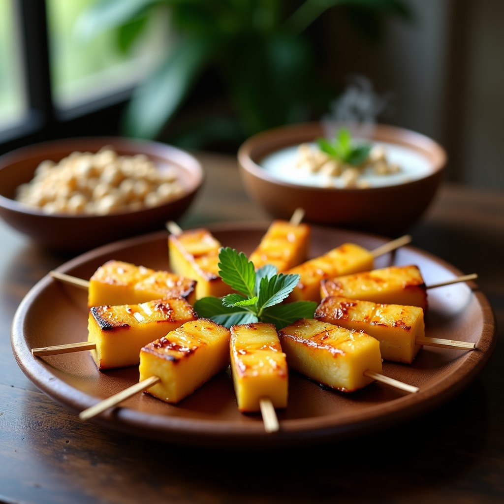 Brochetas doradas de piña caramelizada y tofu ahumado asadas al grill, servidas en plato de madera con hierbas frescas y salsa de coco y lima al lado, estilo tailandés.