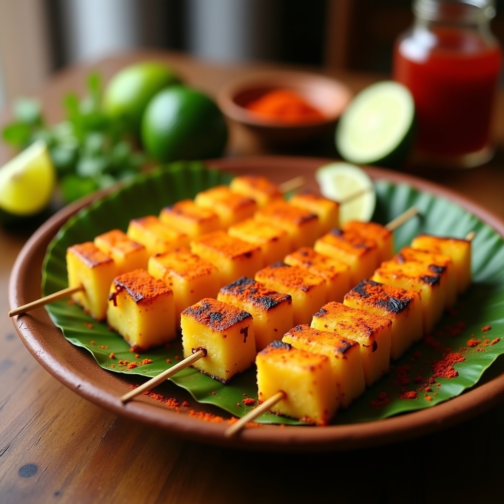Brochetas doradas de piña asada en Airfryer, espolvoreadas con chile en polvo y Tajín, servidas en plato de barro con fondo de hoja de plátano y rodajas de lima.