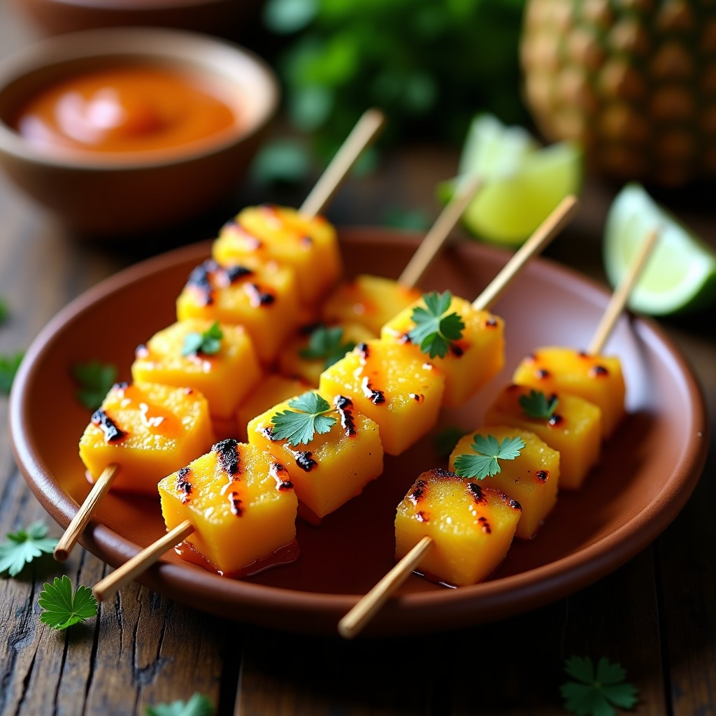 Brochetas de piña dorada y chipotle asado en airfryer, servidas en plato de barro con salsa de tamarindo brillante y hojas de cilantro fresco, receta mexicana dulce-picante.