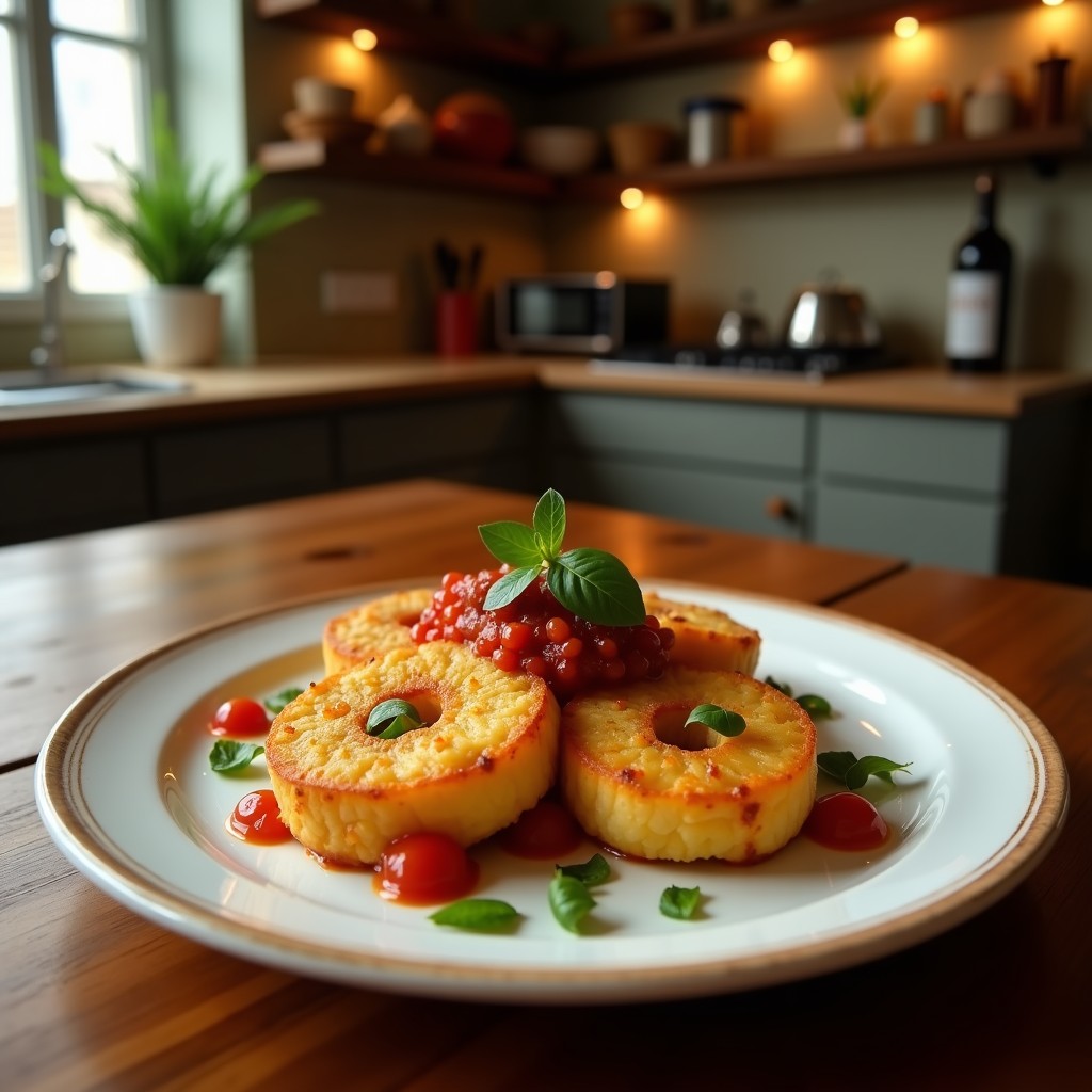 Brochetas doradas de piña asada y chorizo ibérico en palillos de madera, bañadas en reducción brillante de Pedro Ximénez, decoradas con hojas de menta fresca sobre un plato de cerámica negra con fondo rústico de madera.