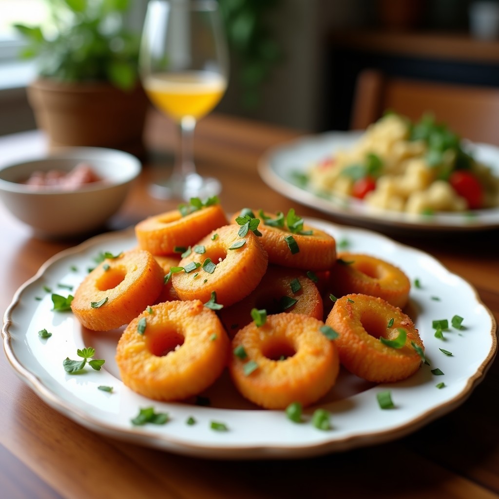Brochetas doradas en airfryer con cubos de piña caramelizada, chorizo vegano especiado, pimiento rojo y cebolla morada, bañadas en salsa de tamarindo brillante. Plato tropical hawaiano con cilantro fresco espolvoreado y fondo de hoja de plátano.
