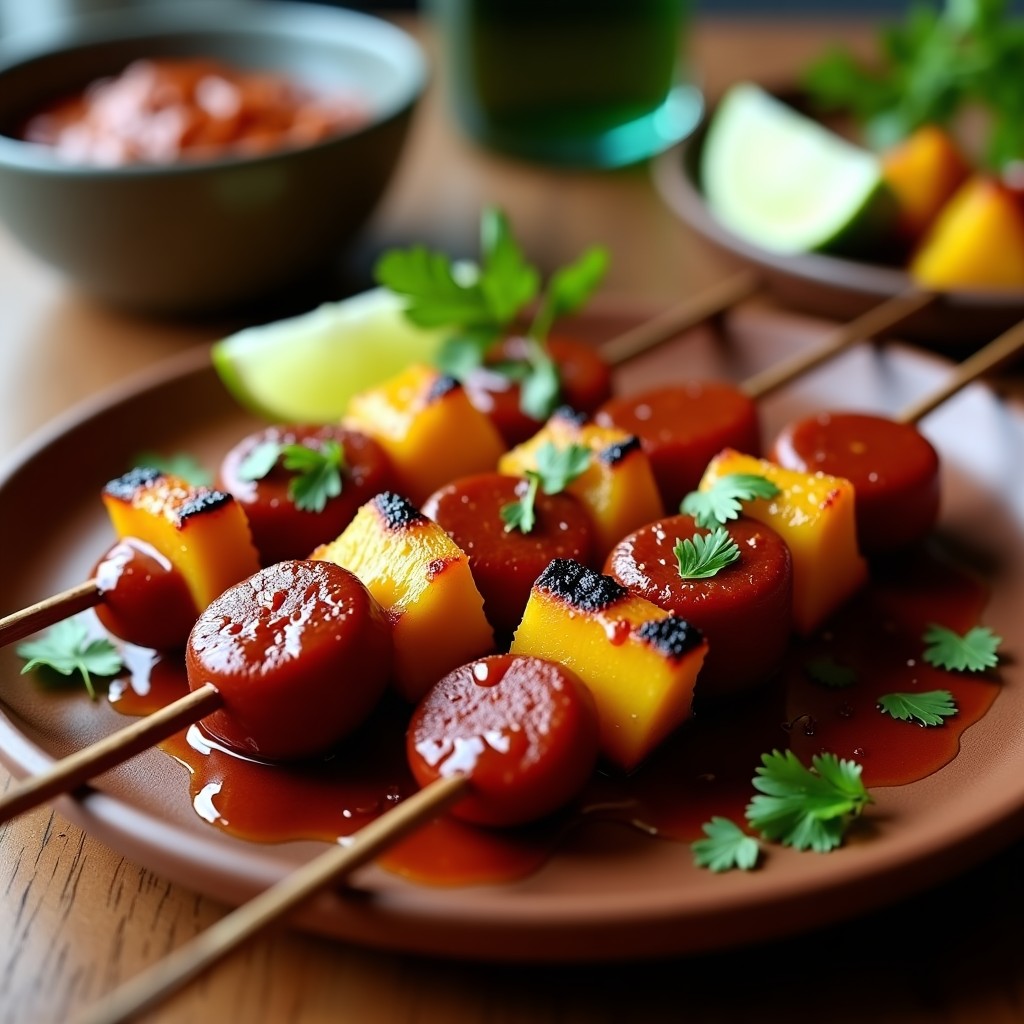 Brochetas doradas de piña asada y chorizo vegano con glaseado brillante de chipotle, decoradas con cilantro fresco y almendras fileteadas, servidas en un plato de barro con fondo borroso de cocina moderna.