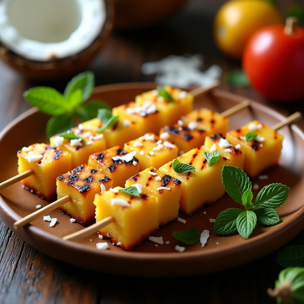 Brochetas de piña colada a la parrilla con cubos de piña dorados, coco rallado espolvoreado y hojas de menta fresca sobre un plato de madera rústica.