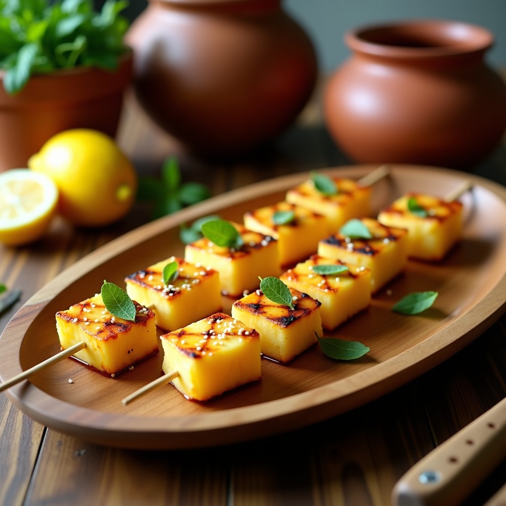 Brochetas doradas de piña caramelizada y queso halloumi a la parrilla, servidas en plato blanco con miel de romero, semillas de sésamo y hojas de menta fresca, entrante griego dulce-salado.