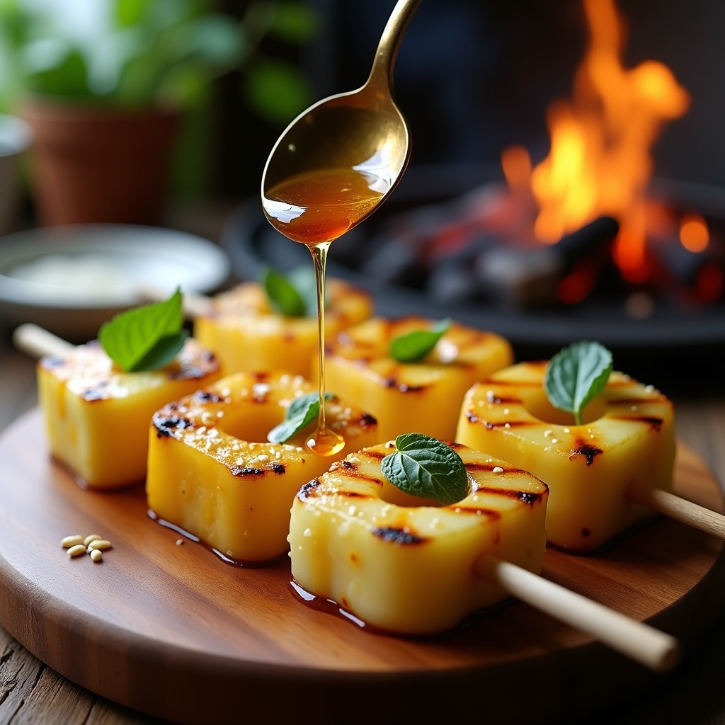 Brochetas doradas de piña caramelizada y queso halloumi grillado, bañadas en miel de agave brillante, decoradas con hojas de menta fresca sobre una tabla de madera rústica con fondo desenfocado de barbacoa.