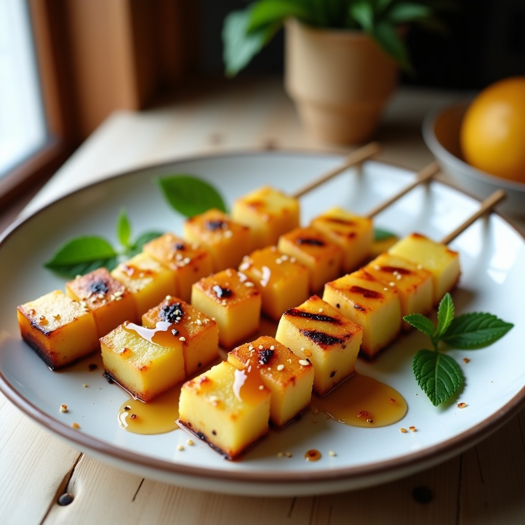 Brochetas doradas de queso halloumi y piña fresca en palillos de madera, glaseadas con miel de dátiles y decoradas con semillas de sésamo y hojas de menta, servidas en plato blanco rústico sobre fondo de madera clara.