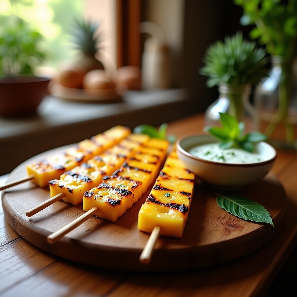 Brochetas de piña dorada y halloumi a la parrilla con marcas de carbón, servidas en plato de madera rústico con salsa de menta cremosa y hojas frescas de menta. Receta chipriota de aperitivo saludable.