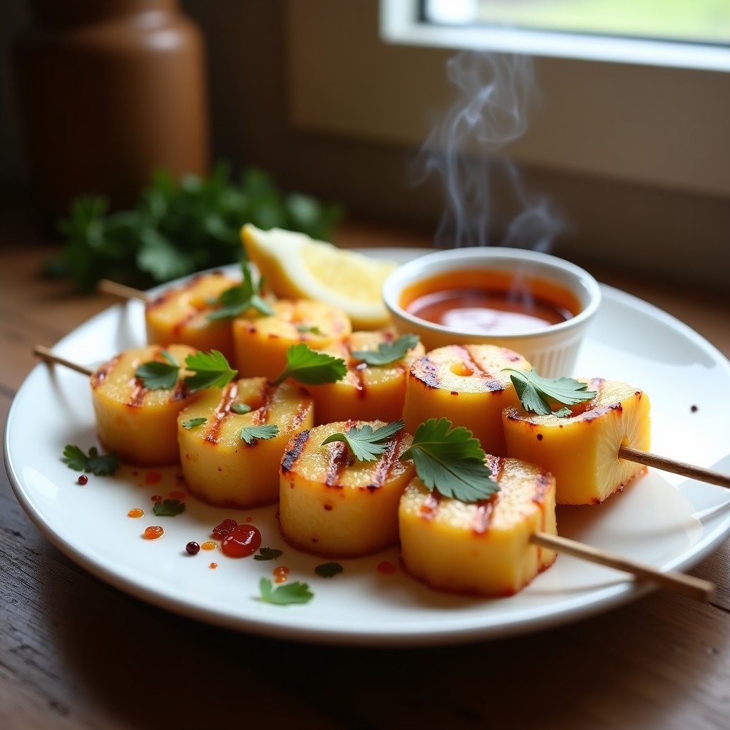 Brochetas doradas de piña caramelizada y queso halloumi crujiente en palillos de madera, servidas sobre un plato de barro con salsa de chipotle oscura y cilantro fresco. Receta de entrante mexicano vegano en airfryer.