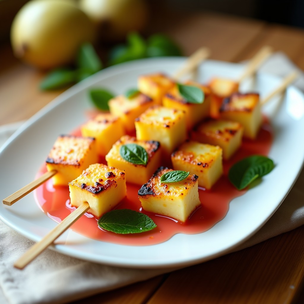 Brochetas de piña fresca y queso halloumi dorado en palillos de madera, bañadas con salsa de pimienta rosa y perejil picado. Plato griego en Thermomix con fondo rústico.