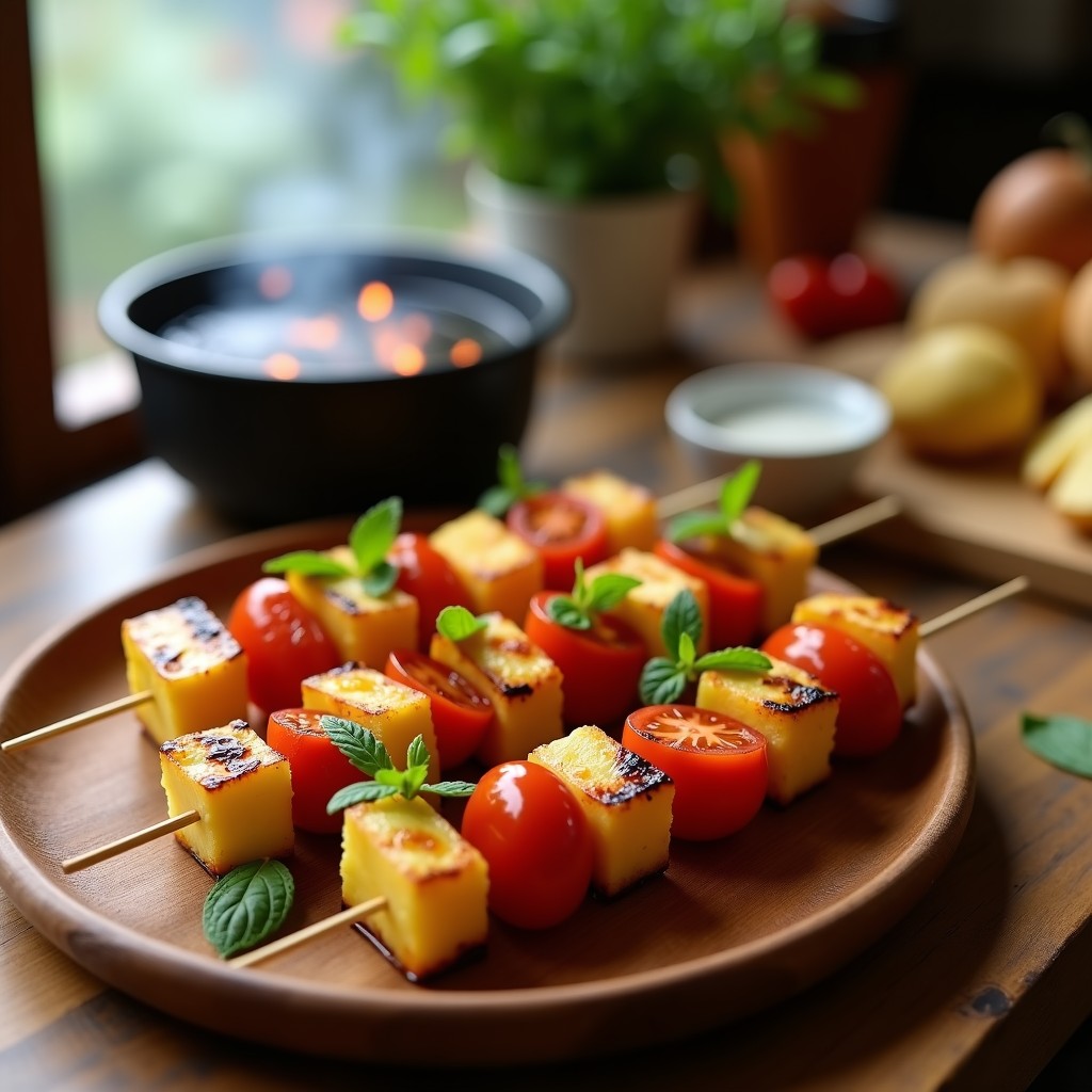 Brochetas doradas a la parrilla con cubos de piña caramelizada, queso halloumi crujiente y tomates cherry asados, decoradas con hojas de menta fresca sobre un plato de madera rústico.