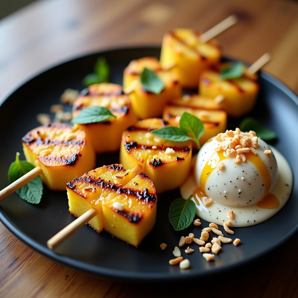 Brochetas de piña asada dorada en palillos de madera sobre un plato de cerámica negra, acompañadas de copas con helado de chía cremoso, miel de agave brillando y hojas de menta fresca. Postre tailandés sin azúcar con toques exóticos.