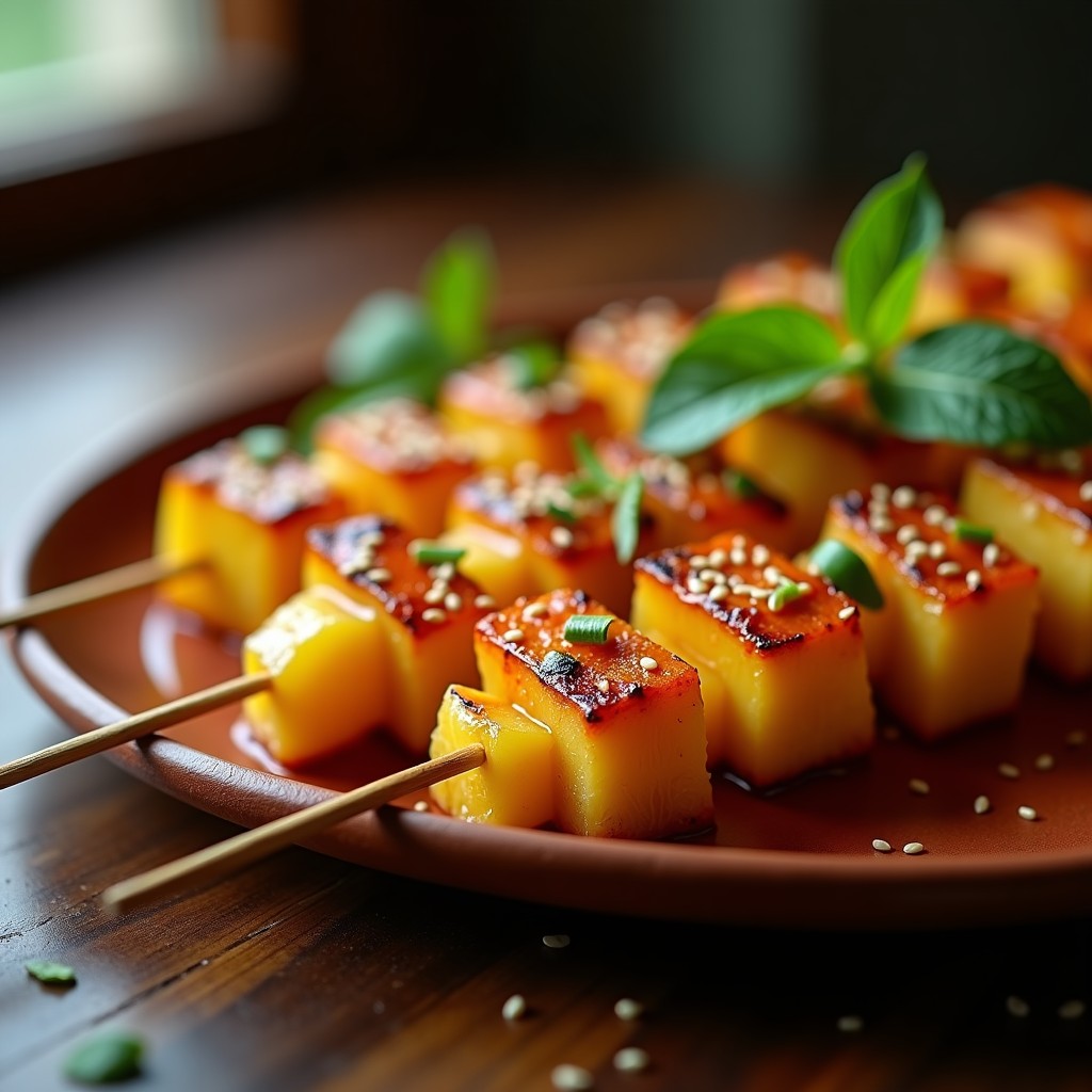 Brochetas de piña asada dorada servidas en plato de barro con glaseado brillante de chile de árbol y limón, espolvoreadas con semillas de sésamo, sobre fondo rústico con rodaja de limón.