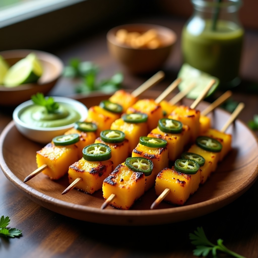 Brochetas doradas de piña y jalapeño asadas en airfryer, servidas en plato de barro con salsa verde de cilantro al lado. Receta mexicana para BBQ con fondo de mesa rústica y limones verdes.